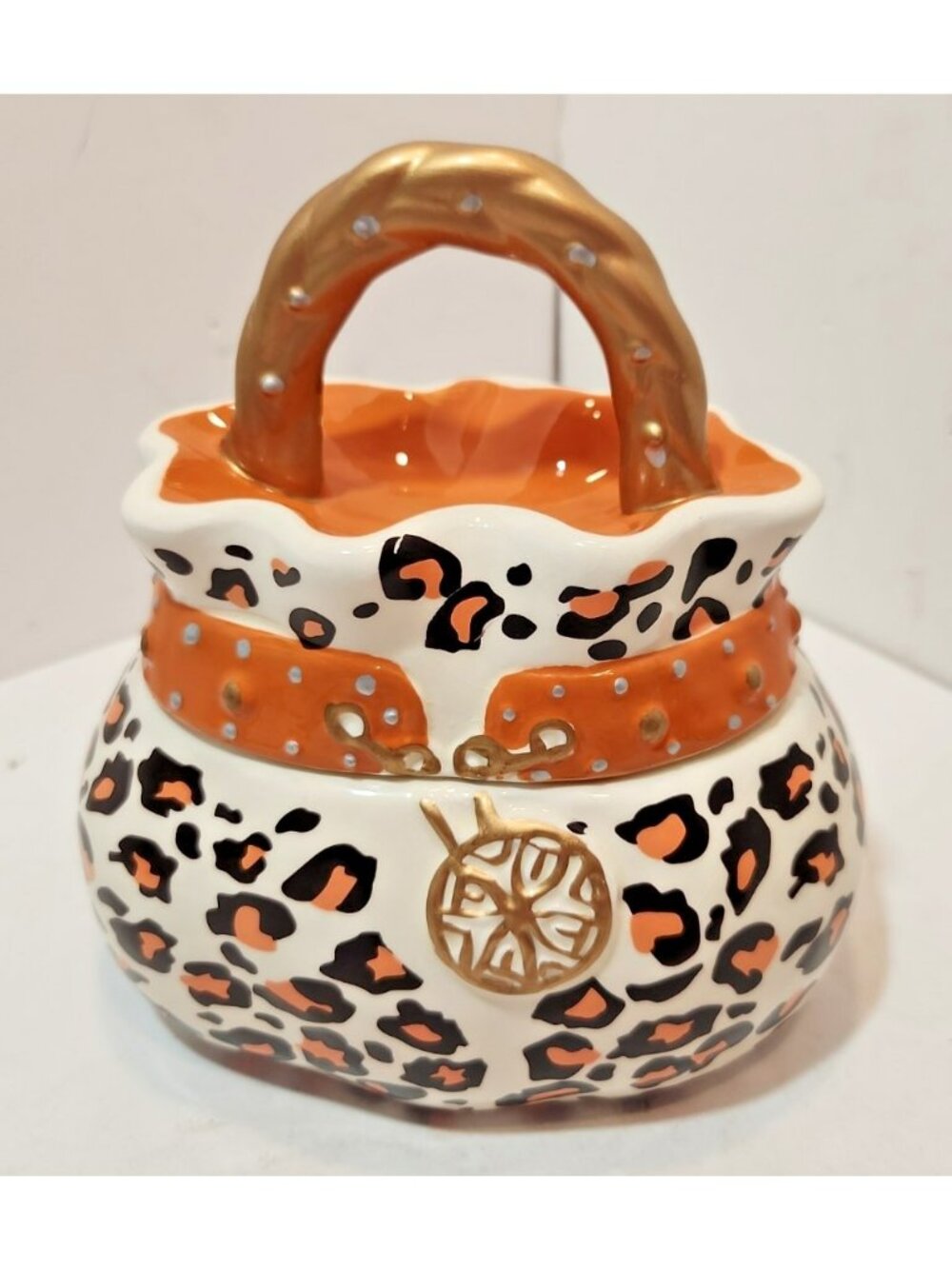 Vtg David’s Cookies Orange Black Leopard Print Purse Cookie Jar Gold Handle